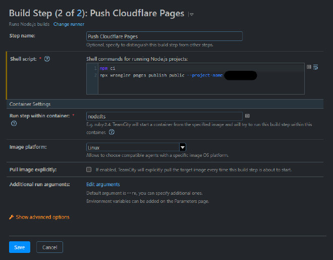 TeamCityのNode.js runnerを利用してCloudflare PagesにPushする構成を追加している