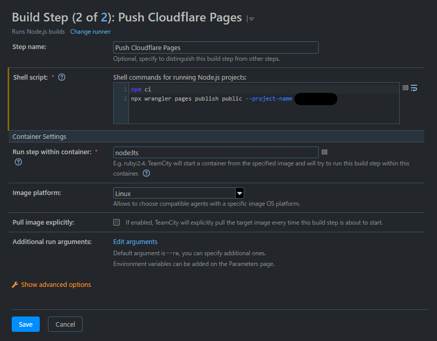 TeamCityのNode.js runnerを利用してCloudflare PagesにPushする構成を追加している