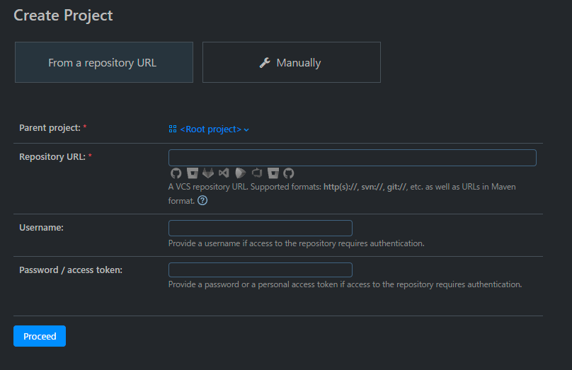 TeamCityのプロジェクト作成画面。URLから作製するか、手動で作製するかを選択できる。