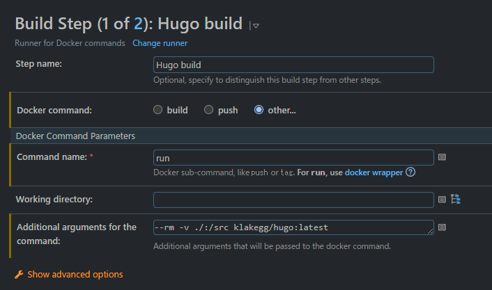 TeamCityでHugoのビルドステップをDockerを利用して設定している。